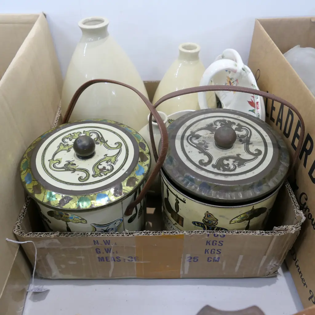 BOX LOT BISCUIT TINS, VASES ETC Image 1++