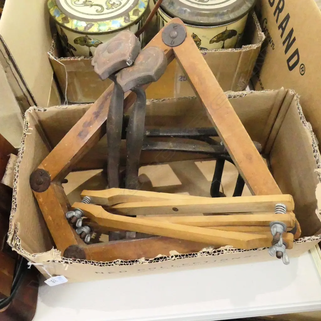 BOX LOT FIREDOGS, TENNIS RACKS ETC Image 1++