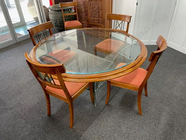 NZ MADE GLASS, METAL AND OAK DINING TABLE + 6 CHAIRS Image 1++