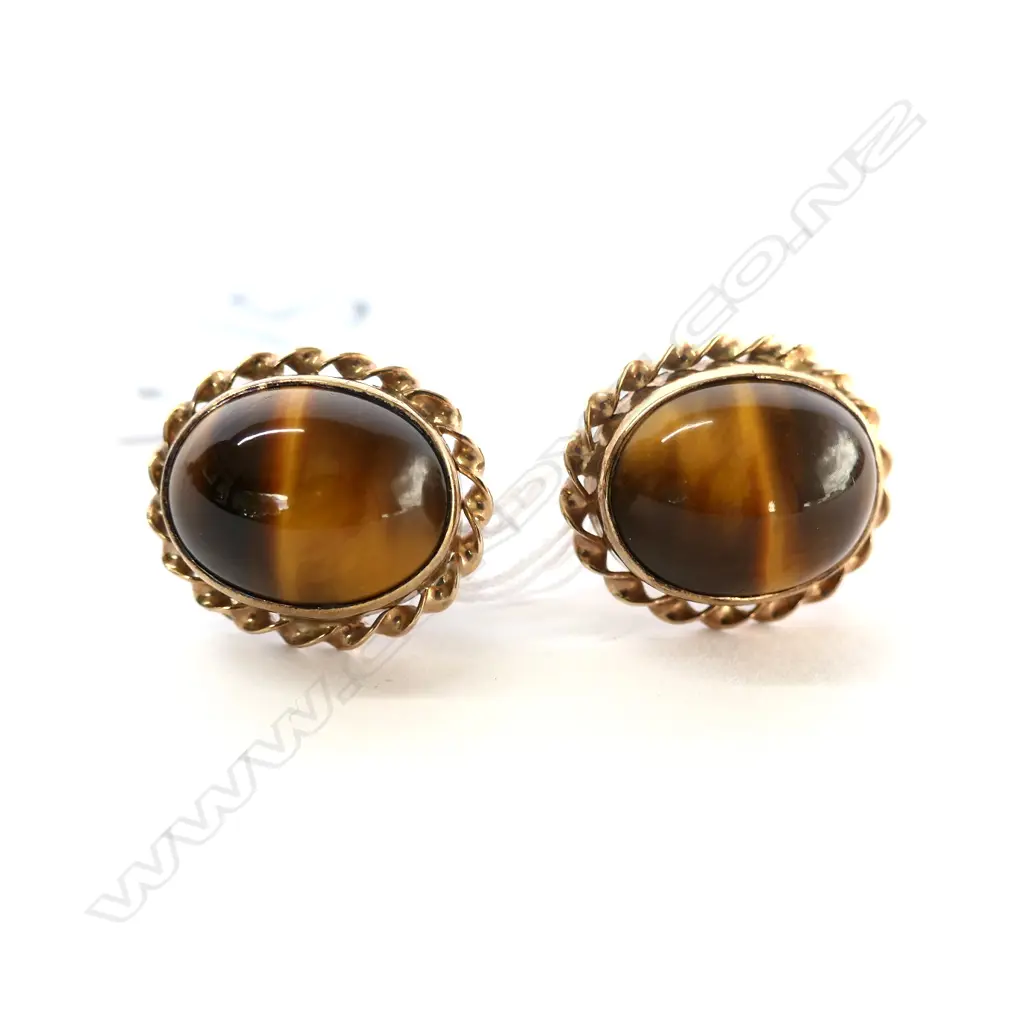 PR 9CT TIGER'S EYE EARRINGS SCEW FITTINGS Image 1++