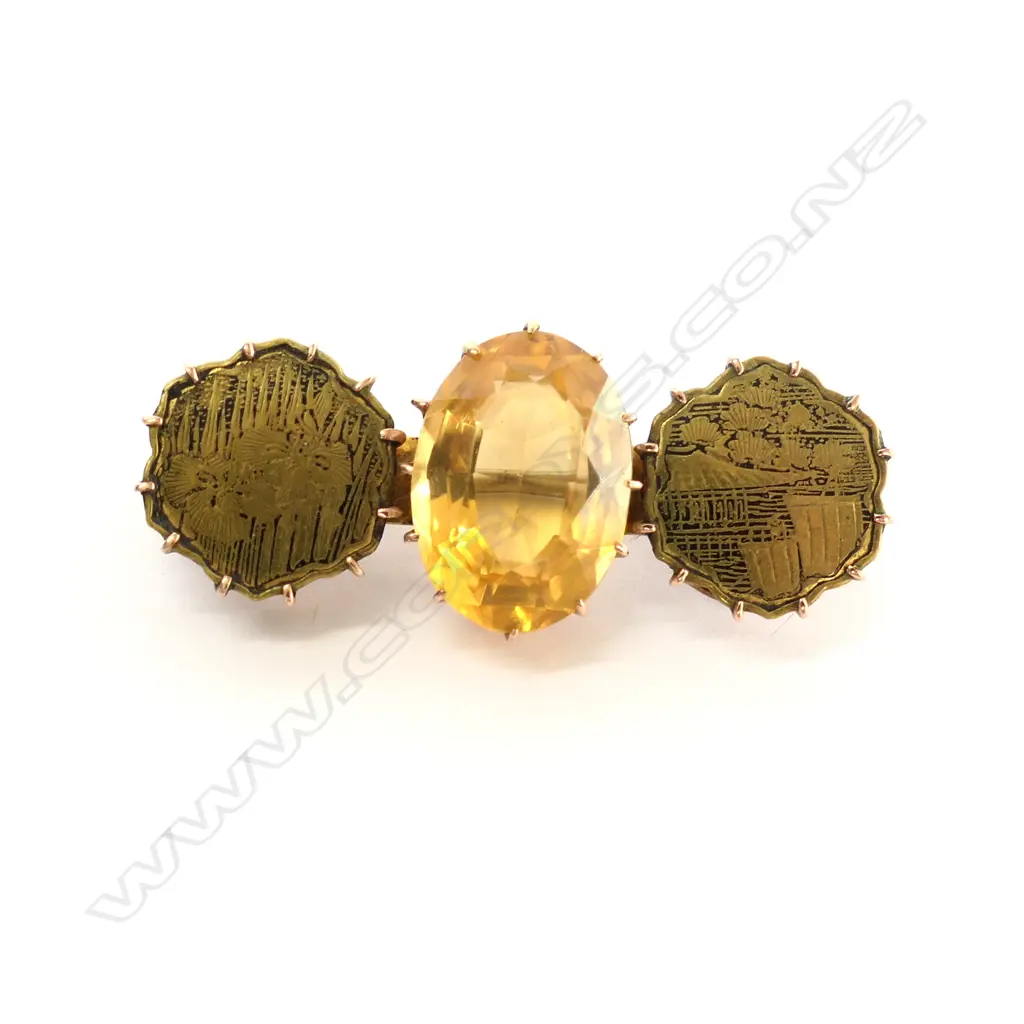 ANTIQUE 9CT GOLD CITRINE & DAMASCENE BROOCH Image 1++