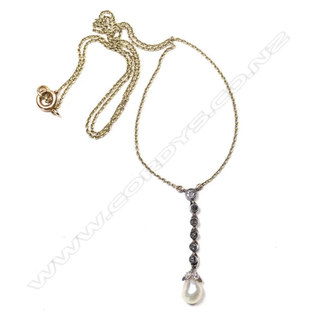 19THC SILVER/GOLD DROP WITH OLDCUT DIAMONDS & PEARL w GOLDTONE CHAIN Image 1++