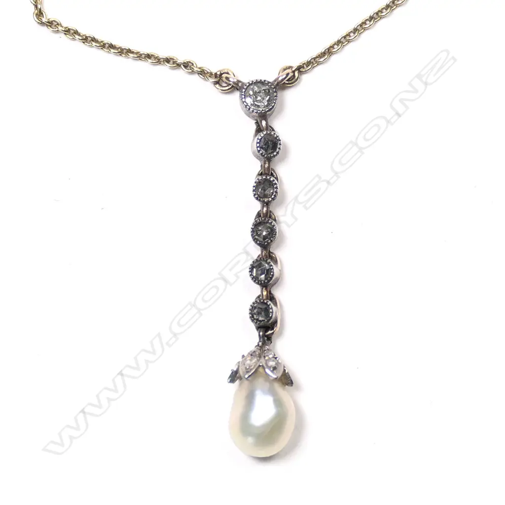 19THC SILVER/GOLD DROP WITH OLDCUT DIAMONDS & PEARL w GOLDTONE CHAIN Image 1++