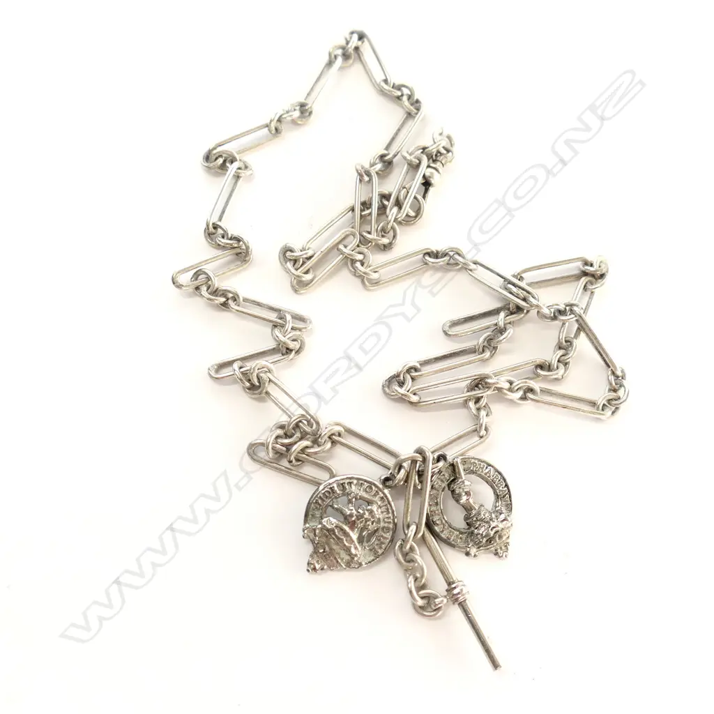 LONG SILVER FOB CHAIN WITH TWO SCOTTISH FOBS 58.83gm Image 1++