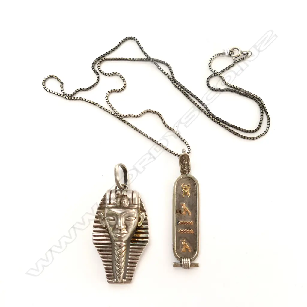 TWO SILVER PENDANTS - EGYPTIAN THEMED ONE WITH CHAIN Image 1++