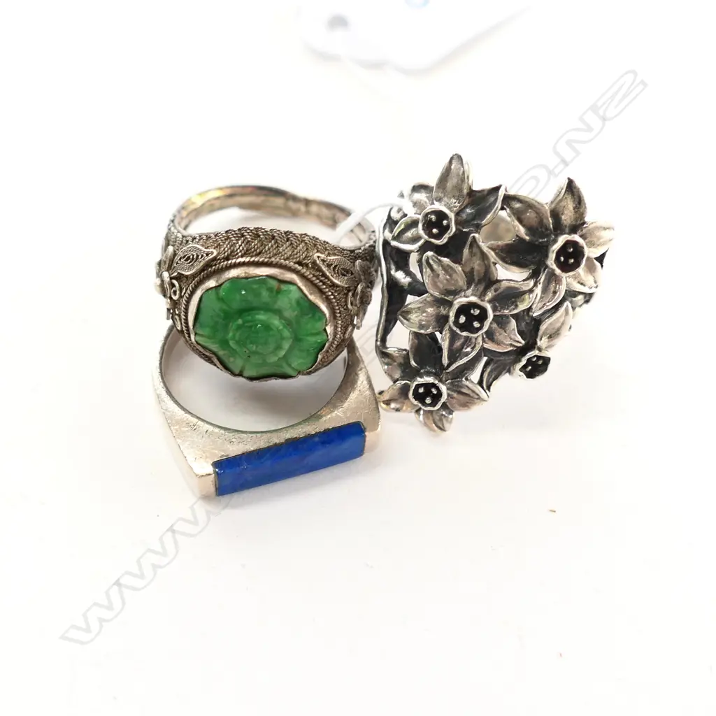 CHINESE SILVER  JADE RING & TWO OTHER SILVER RINGS Image 1++