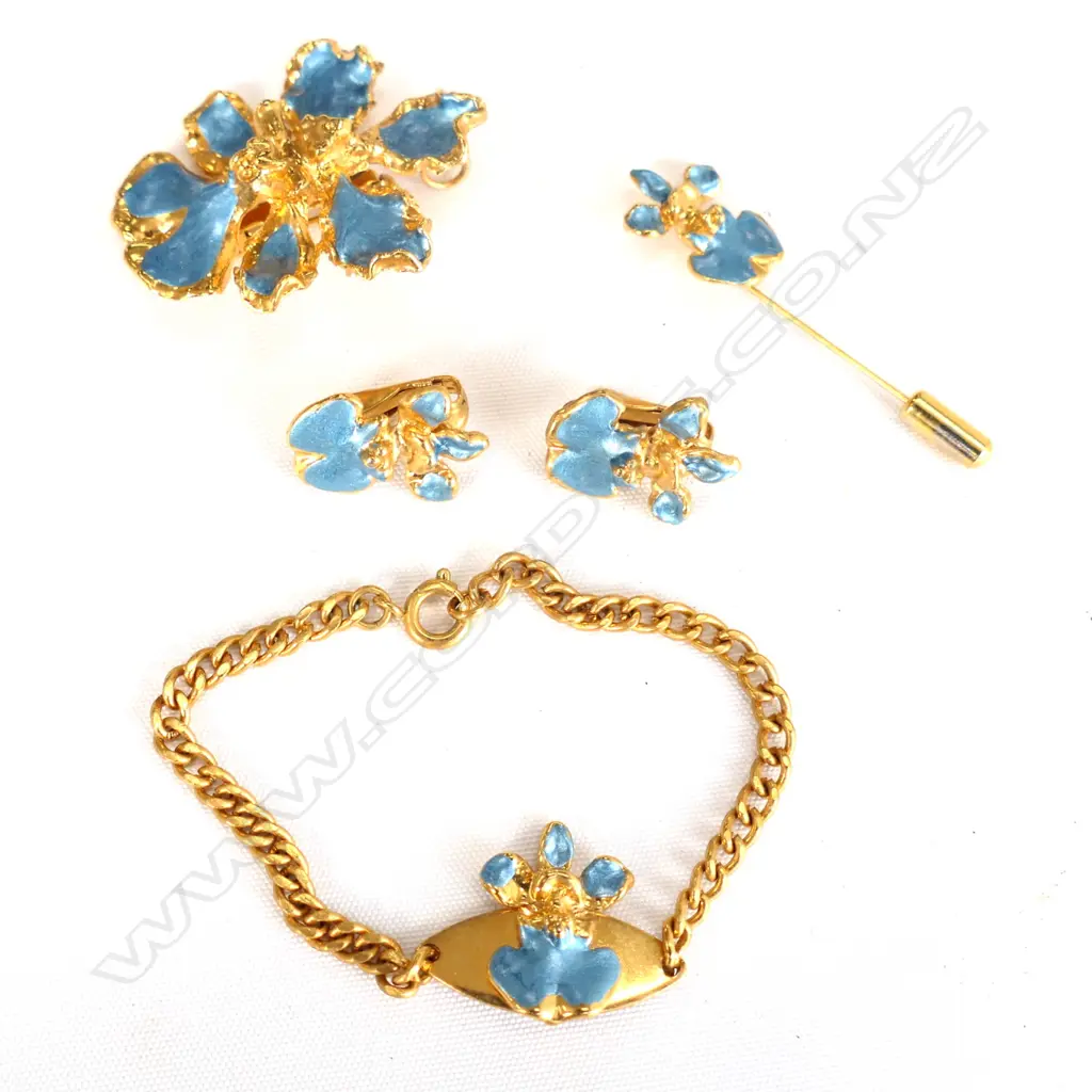 GOLD DIPPED ORCHID SET; BRACELET, BROOCH, PIN & CLIP ON EARRINGS Image 1++