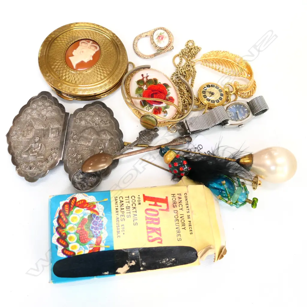 LOT COSTUME JEWELLERY INCL HAT PINS, WATCHES ETC + FAUX IVORY HORS D'OEUVRES FORKS ETC  Image 1++