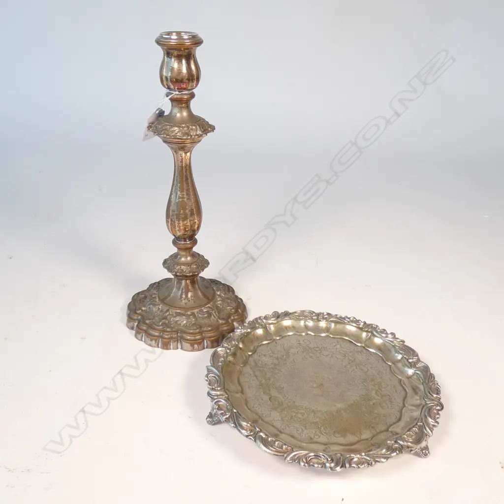 2 PCES OLD SHEFFIELD PLATE; CANDLESTICK 300MM H AND SALVER Image 1++