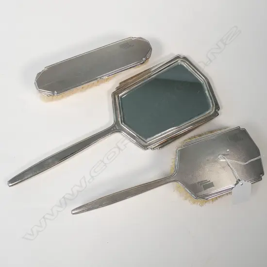 3 PCE ART DECO SILVER VANITY SET: 2 BRUSHS + MIRROR