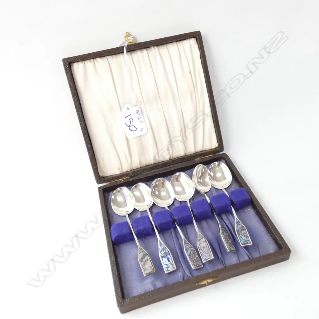 6 NZ STERLING & PAUA TEASPOONS CASED Image 1++