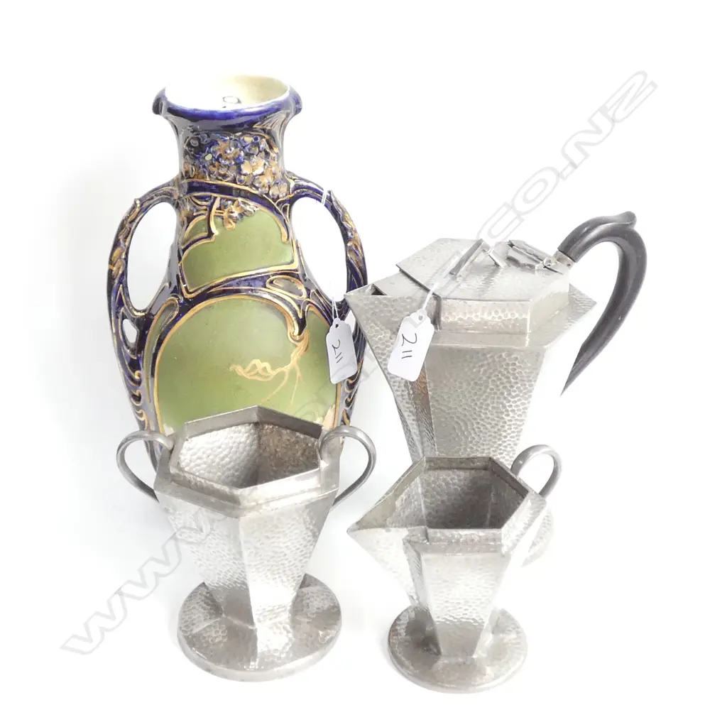 3 PCE ENGLISH PEWTER TEA SET AND AUSTRIAN ART NOUVEAU VASE 260MM H AF Image 1++