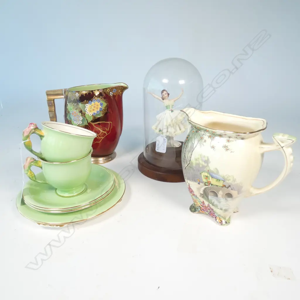 2 ART DECO JUGS AND 2 GREEN TRIOS + DRESDEN FIGURE Image 1++