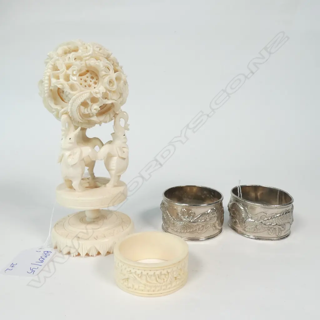 IVORY BALL 140MM H, NAPKIN RING, 2 DRAGON METAL RINGS Image 1++
