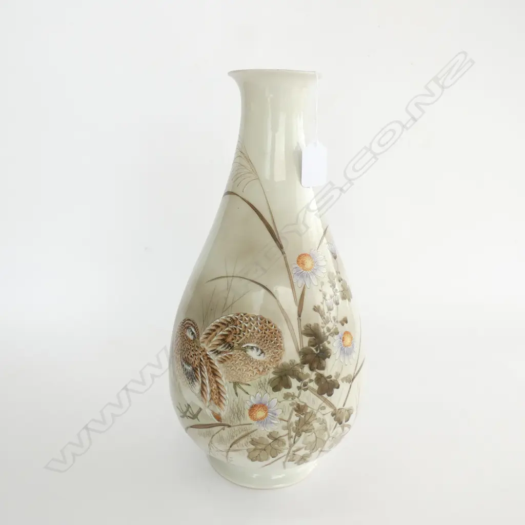 JAPANESE EGGSHELL PORCELAIN VASE HAND PAINTED WITH QUAILS & SONGBIRDS. H.350mm Image 1++