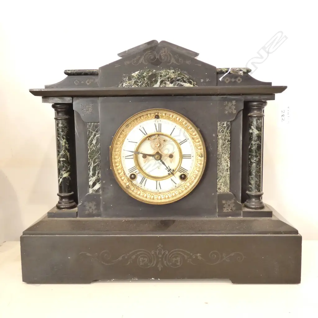 VICT. BLACK MARBLE MANTEL CLOCK FRENCH MOVEMENT A/F Image 1++