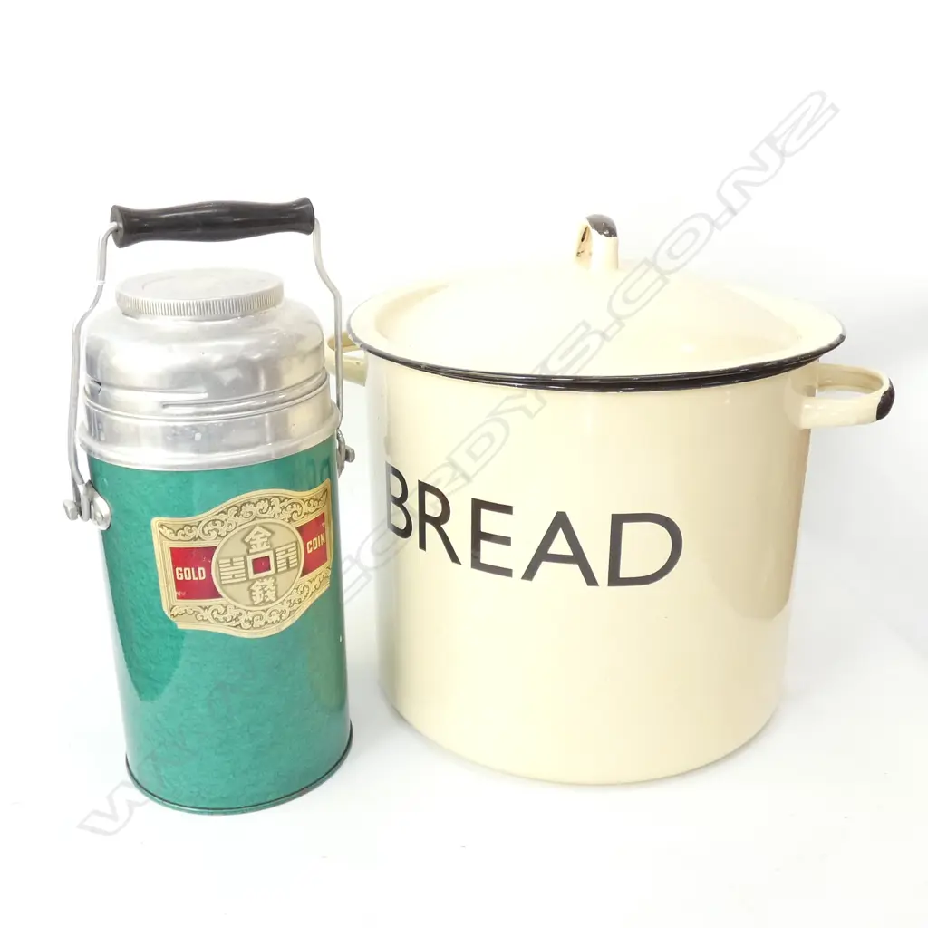 1950'S RARE GOLD COIN BRAND THERMOS H.280MM & ENAMEL BREAD TIN H.300MM Image 1++