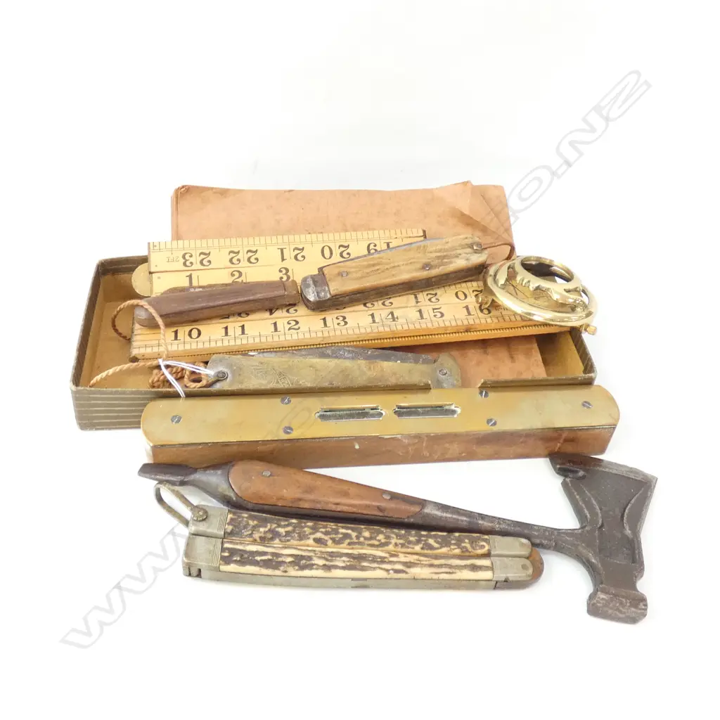 COLLECTION OF OLD TOOLS INCL HATCHET, RULES & KNIVES ETC Image 1++
