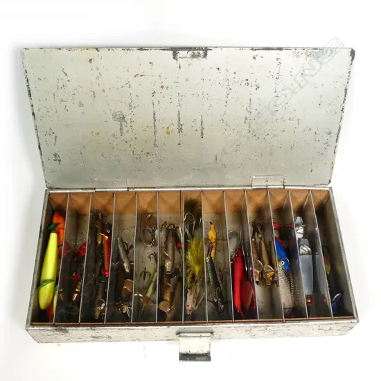 A vintage English 10" x 4¾" metal lure box