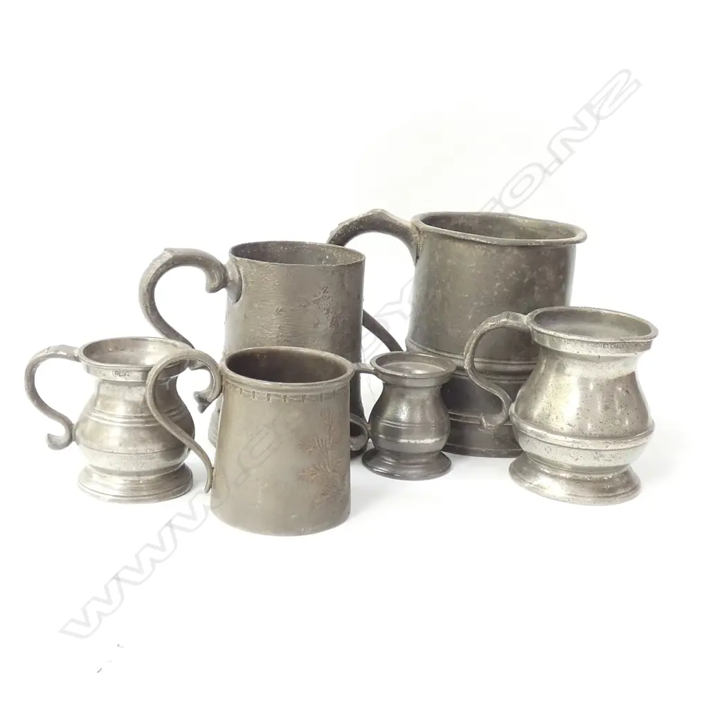 6 ANTIQUE PEWTER AND OTHER MUGS VARIOUS SIZES LARGEST H. 110MM H Image 1++