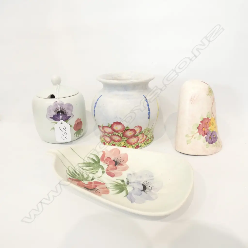 FOUR RADFORD POTTERY PIECES, VASE, SUGAR BOWL, WALL POCKET & ASHTRAY Image 1++