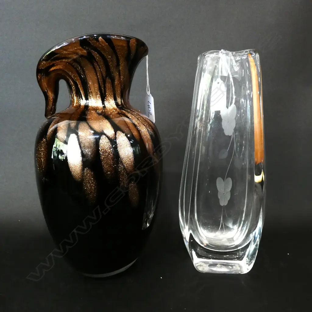 SWEDISH ART GLASS VASE & MURANO? BLACK & GOLD VASE, TALLEST 260MM Image 1++