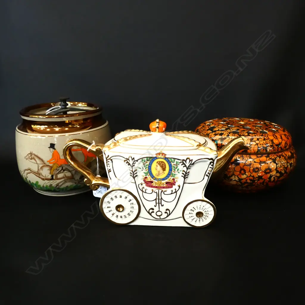 TOBACCO JAR, GRIMWADES ROSE BOWL & GILT CORONATION CARRIAGE SHAPED TEAPOT AF Image 1++