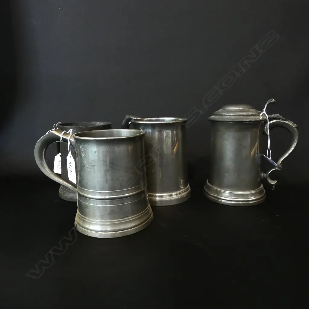 4 ANTIQUE PEWTER AND OTHER MUGS LARGEST H. 140MM Image 1++