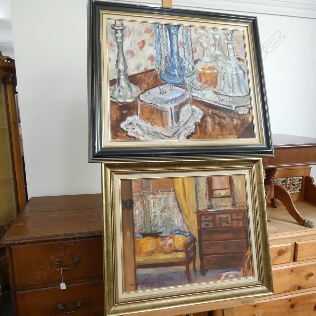 2 ELAINE HOPKINS OILS 'BEDROOM INTERIOR' & 'SILVERWARE AND GLASS' OIL ON BOARD '95 660 X 550MM SMALLEST Image 1++