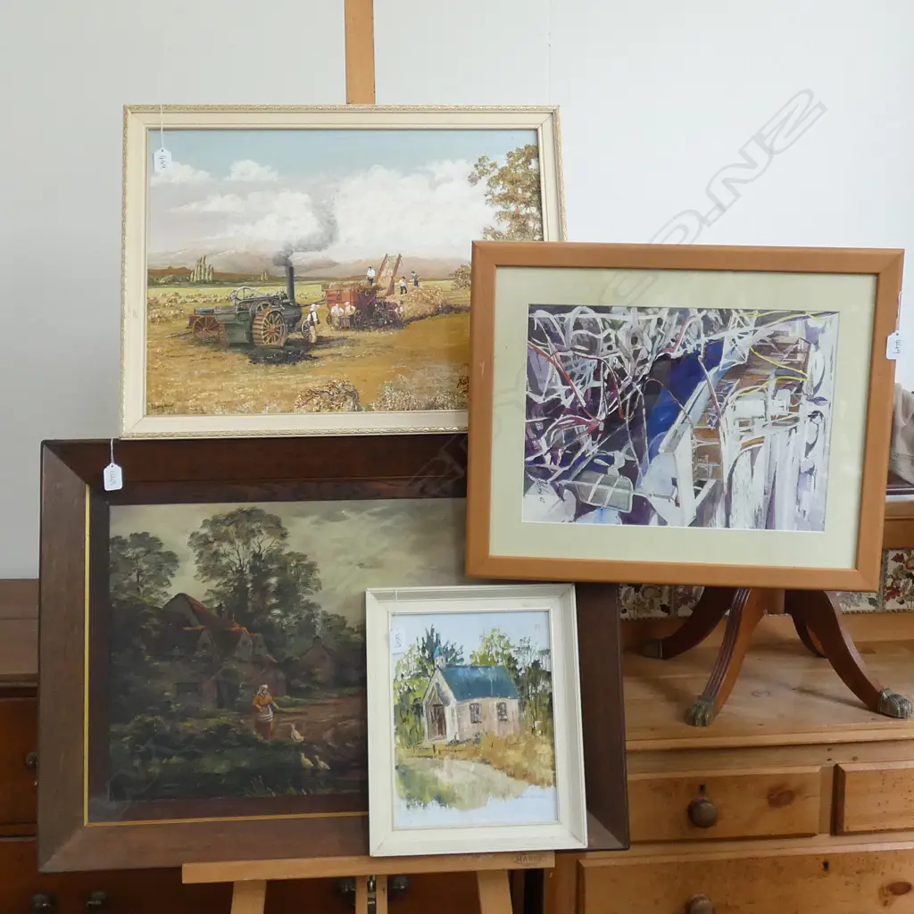 4 ARTWORKS; CHURCH OIL, BOAT W/C, FARMING OIL, M. EVANS LANDSCAPE OIL 1940 Image 1++
