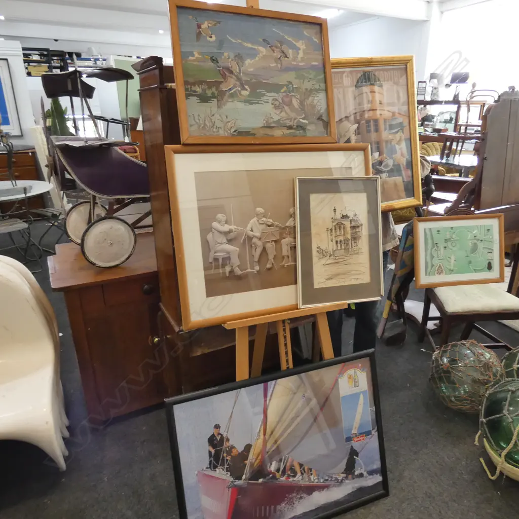 COLLECTION OF FIVE FRAMED WORKS INCL WATER COLOUR, TAPESTRY, PRINTS ETC Image 1++