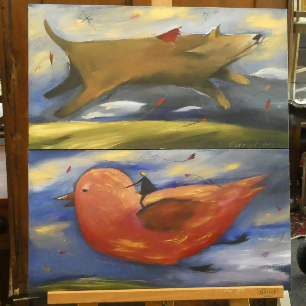 2 PAINTINGS BY INGRID BERZINS; 'RIDE I' AND 'RIDE II' 2003 550 X 300MM  Image 1++