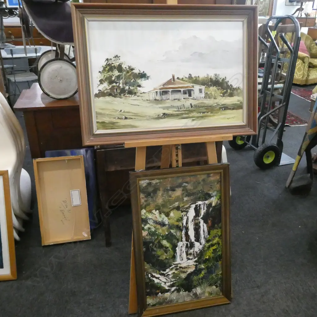 2 OIL PAINTINGS; 'HOMESTEAD' PETER WALLERS '74 800 X 570 AND WATERFALL  Image 1++
