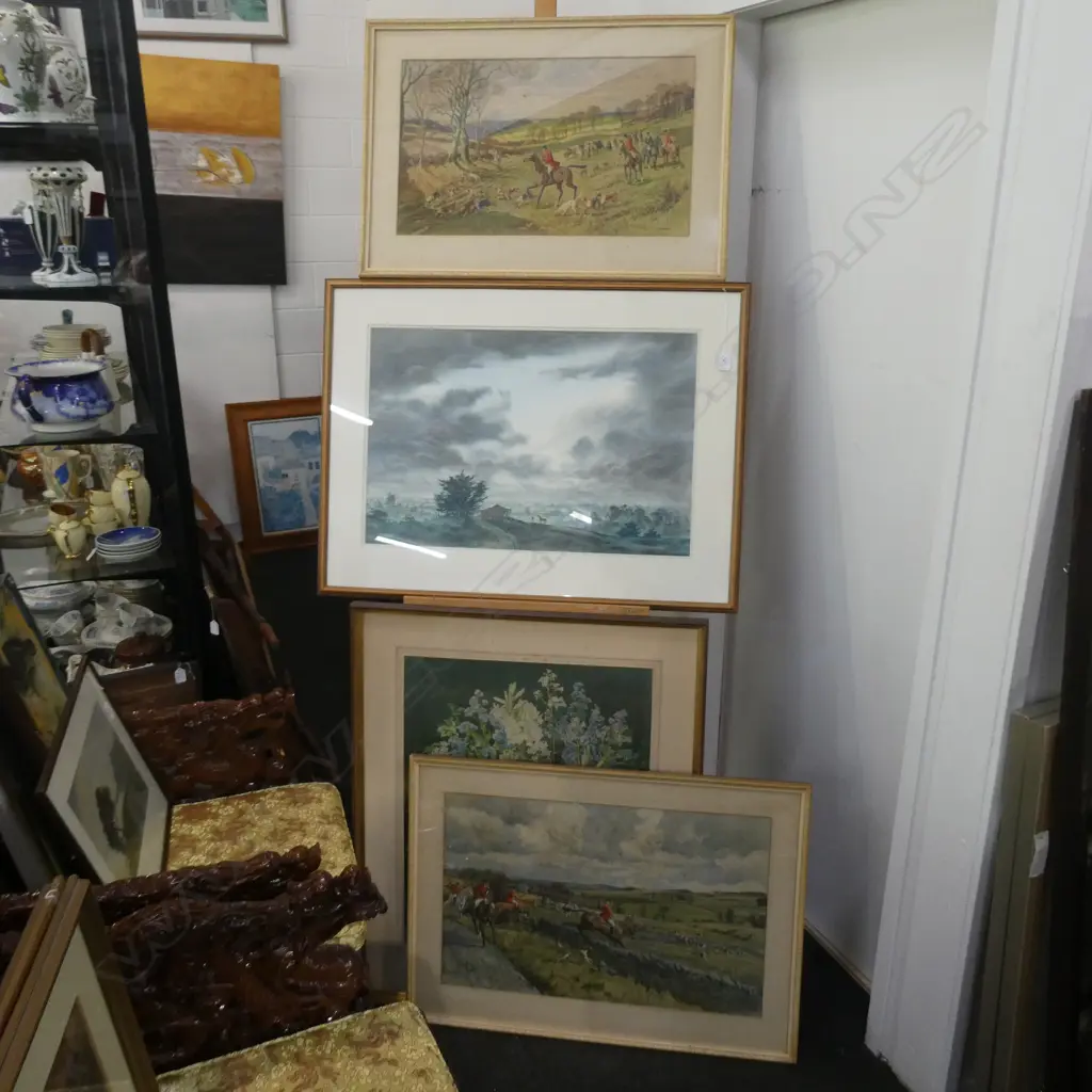 FOUR FRAMED PRINTS INCL LANDSCAPE, STILL LIFE AND TWO HUNTING SCENES Image 1++