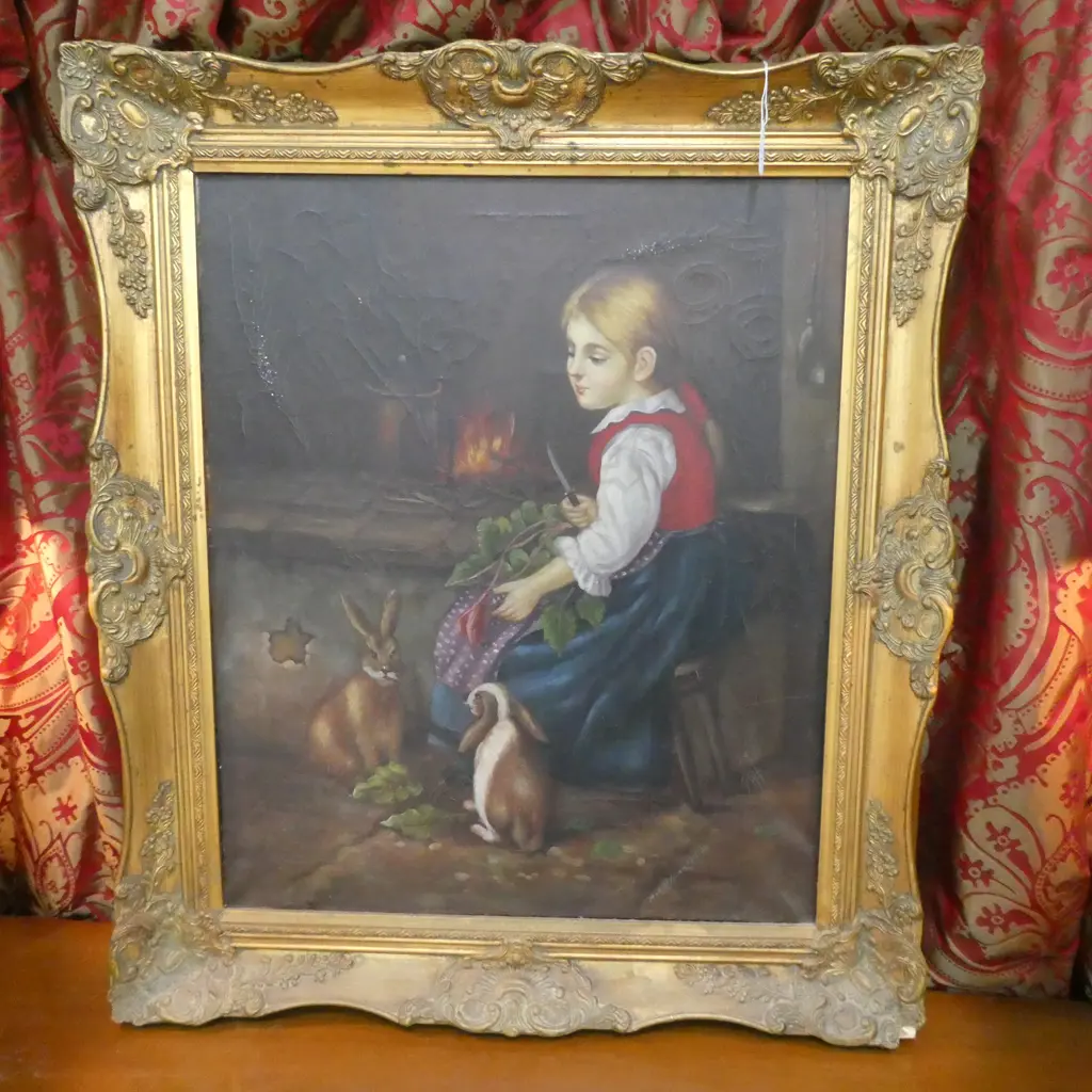 OLD OIL PAINTING GIRL BY FIRE FEEDING RABBITS ... Image 1++