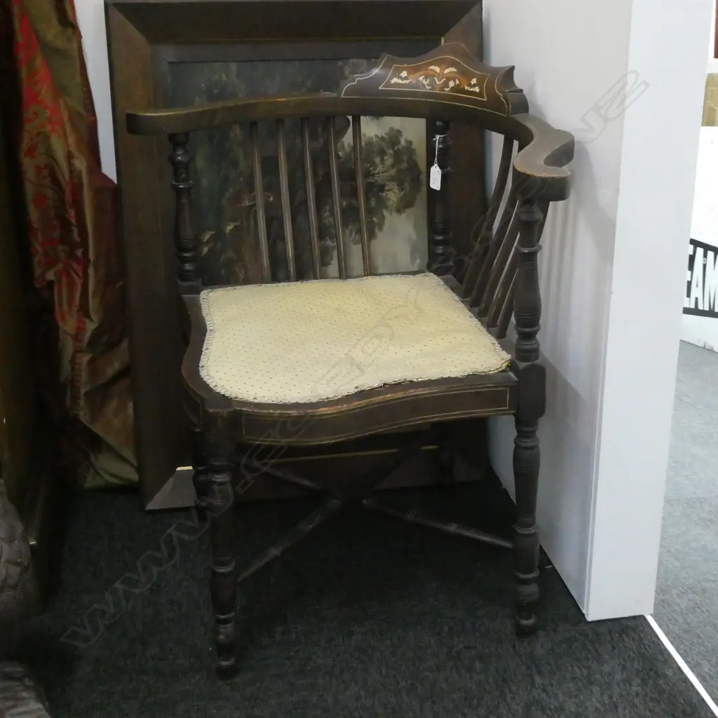 EDWARDIAN CORNER CHAIR, INLAID SCROLLS TO BACK, UPHOLSTERED SEAT Image 1++