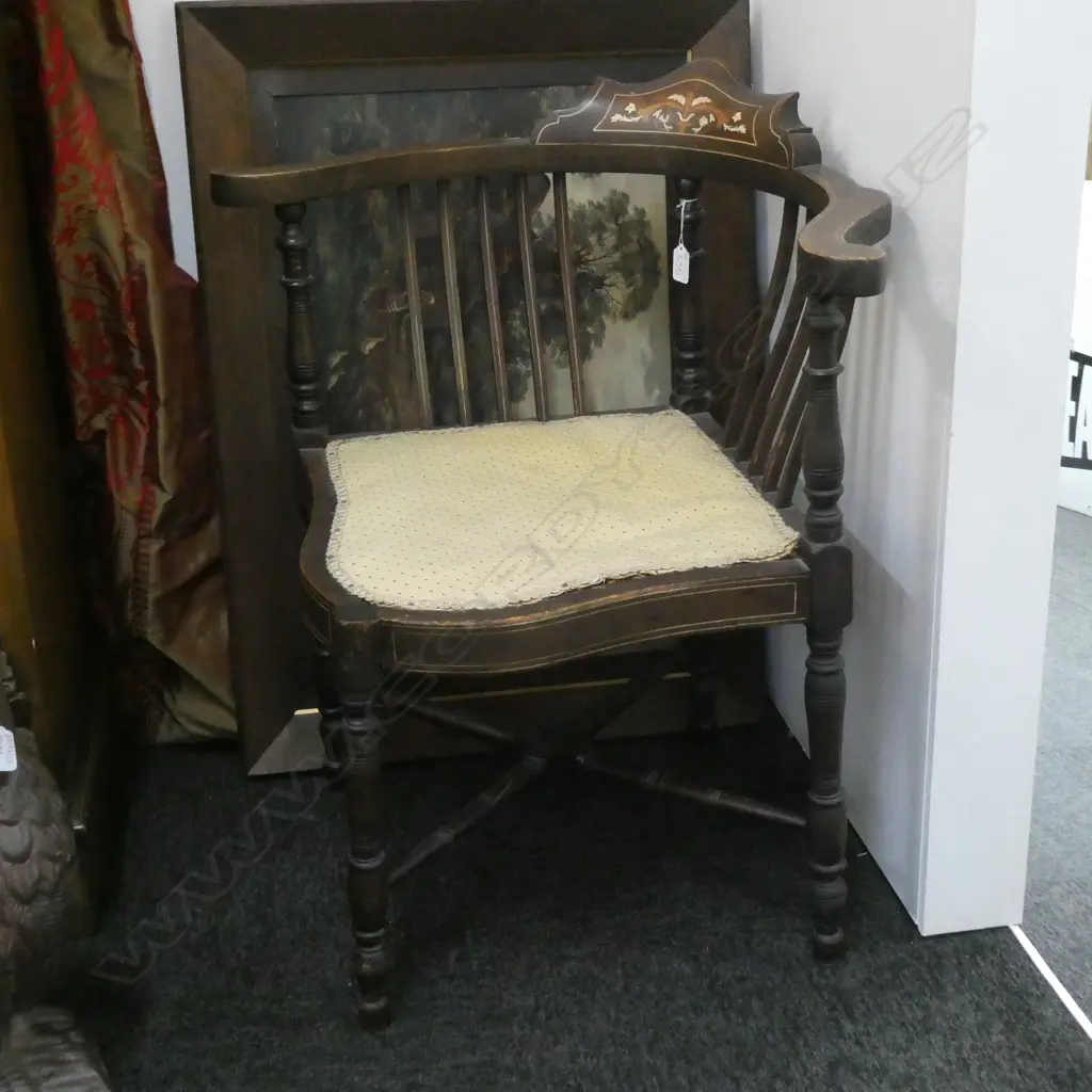 EDWARDIAN CORNER CHAIR, INLAID SCROLLS TO BACK, UPHOLSTERED SEAT Image 1++