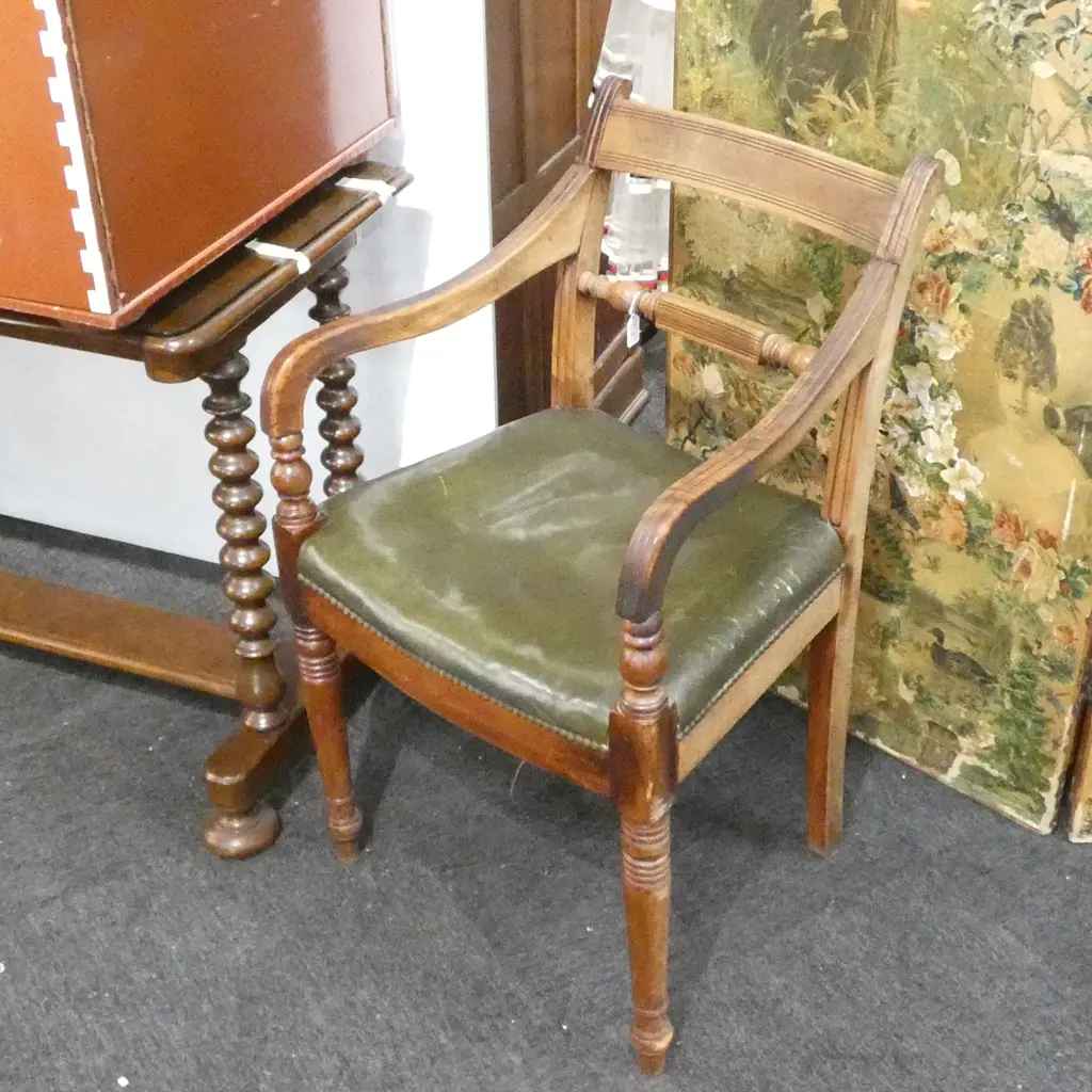 REGENCY MAHOGANY ELBOW CHAIR ON TURNED LEGS, LEATHER SEAT, C. 1815 Image 1++