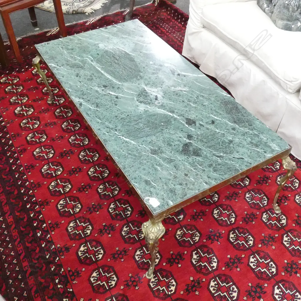 BRASS AND GREEN MARBLE COFFEE TABLE 1300 X 700MM  Image 1++