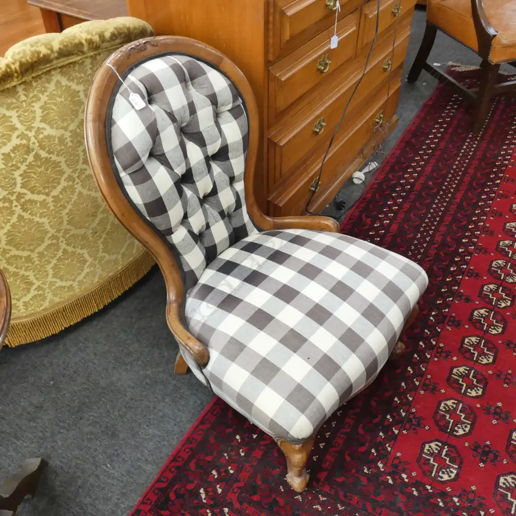 REPRODUCTION GRANDMOTHER CHAIR, GREY PLAID UPHOLSTERY Image 1++