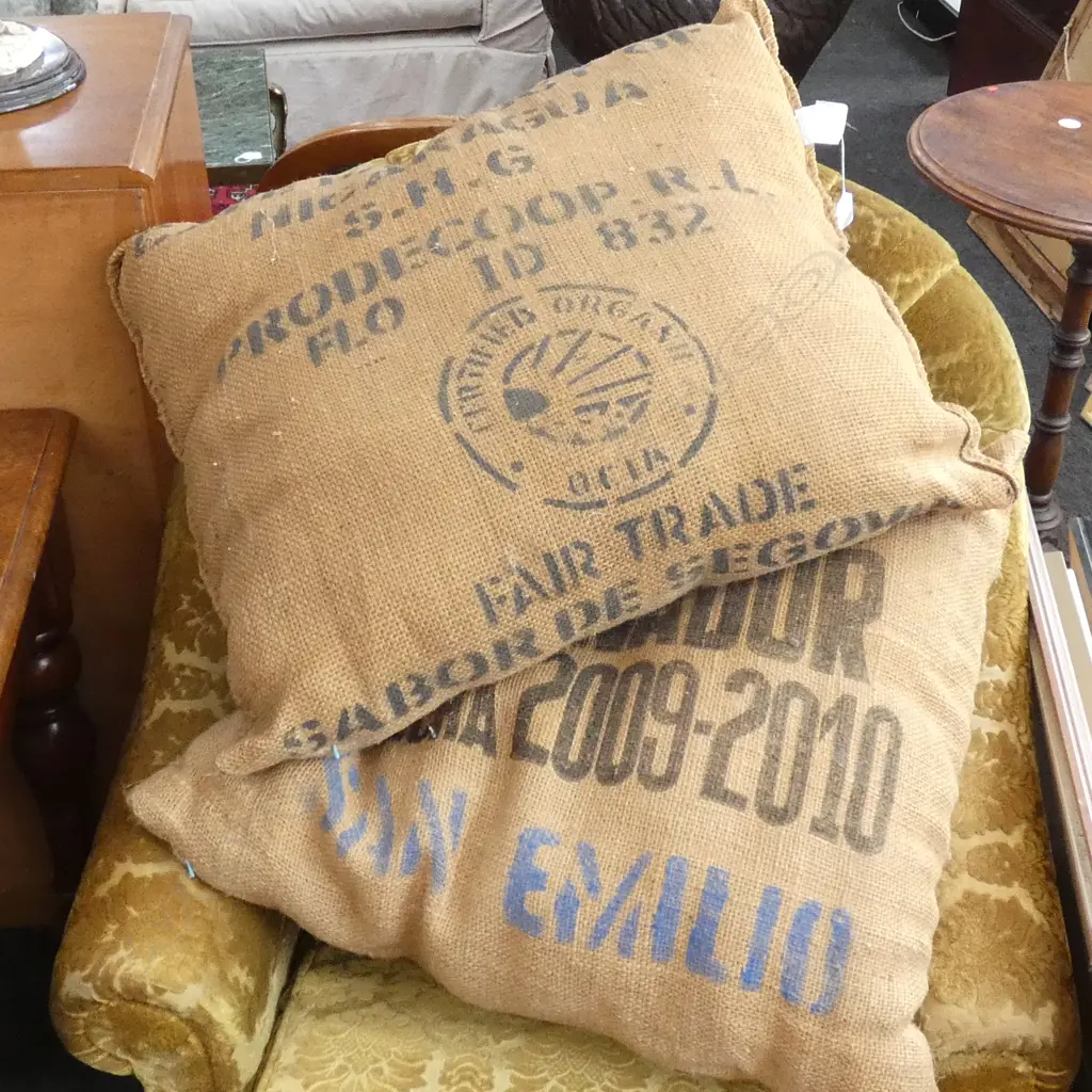 2 LARGE JUTE CUSHIONS 600MM W Image 1++