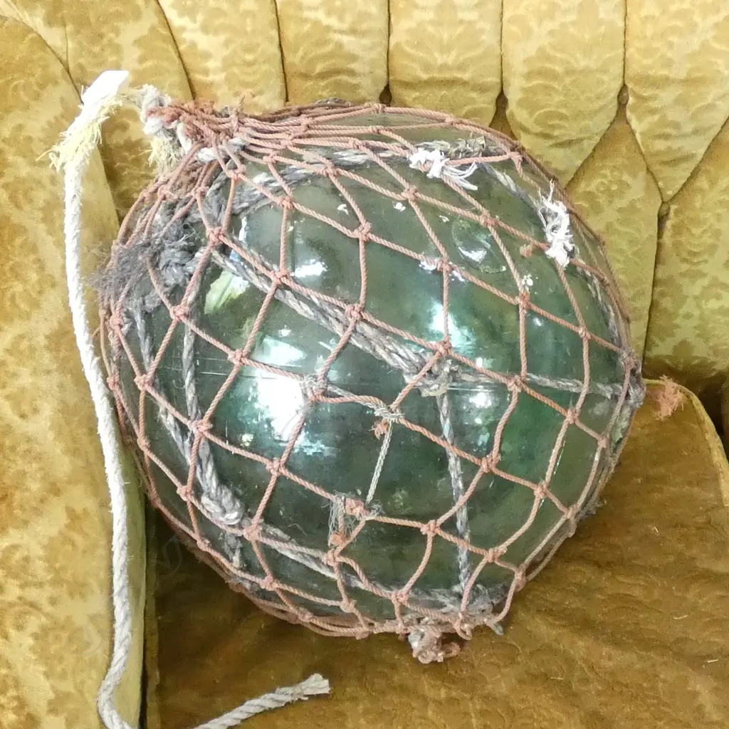 OLD LARGE GLASS FISHING FLOAT WITH NETTING Image 1++