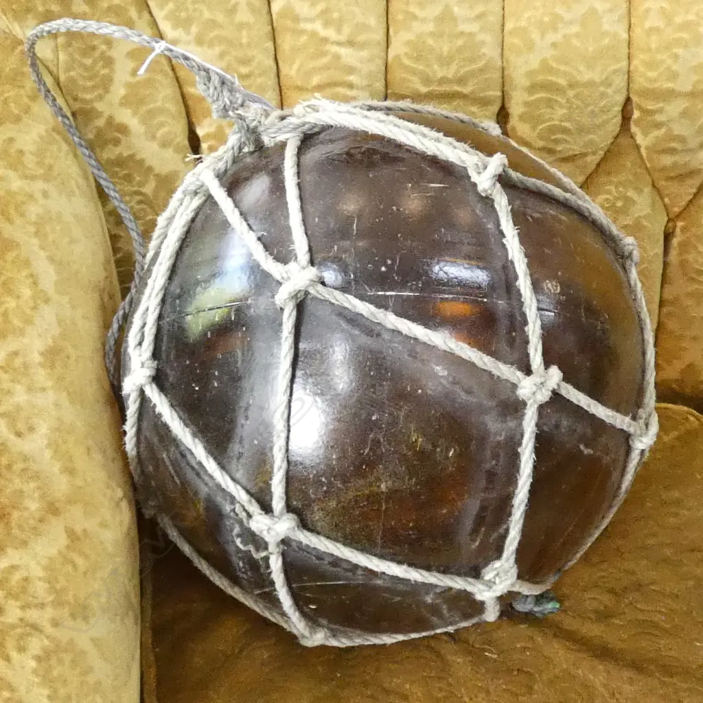 OLD LARGE GLASS FISHING FLOAT WITH NETTING Image 1++