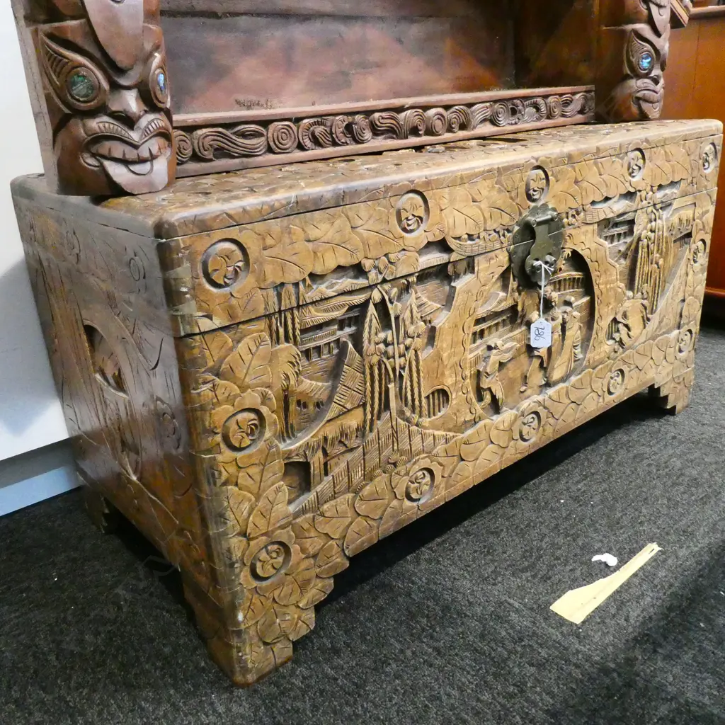 CHINESE CARVED CAMPHOR CHEST, L. 940MM Image 1++