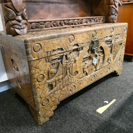 CHINESE CARVED CAMPHOR CHEST, L. 940MM