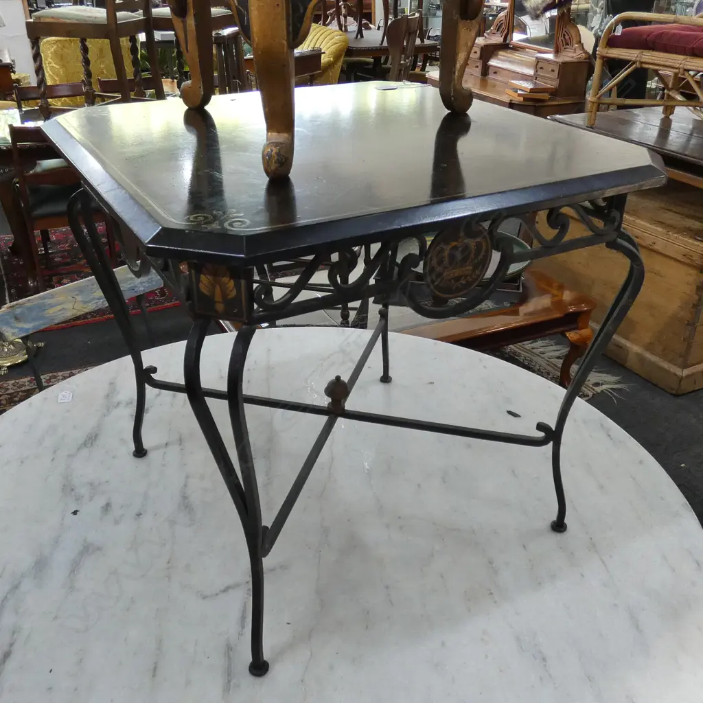 VINTAGE FRENCH WROUGHT IRON & PAINTED WOOD TABLE, 610 X 610 X 560MM Image 1++