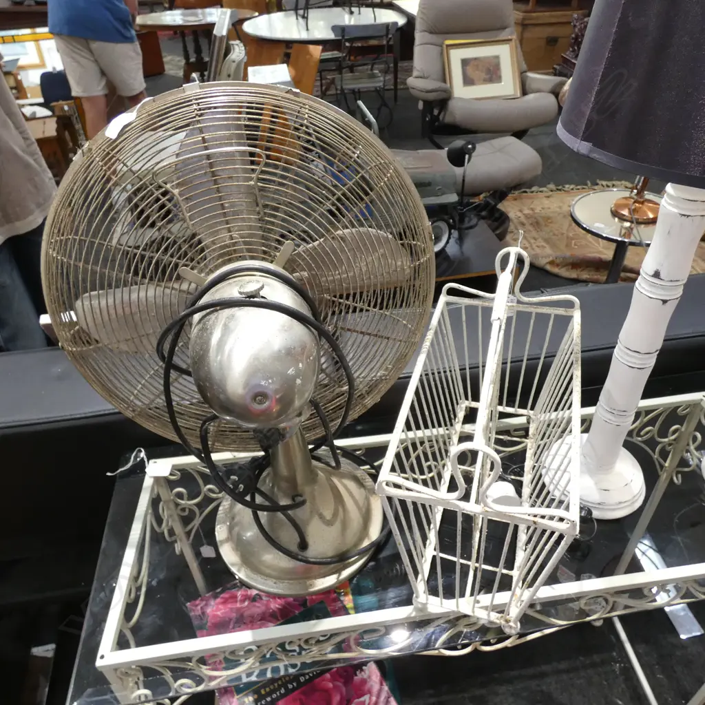 FRENCH MAGAZINE RACK AND VINTAGE METAL FAN Image 1++