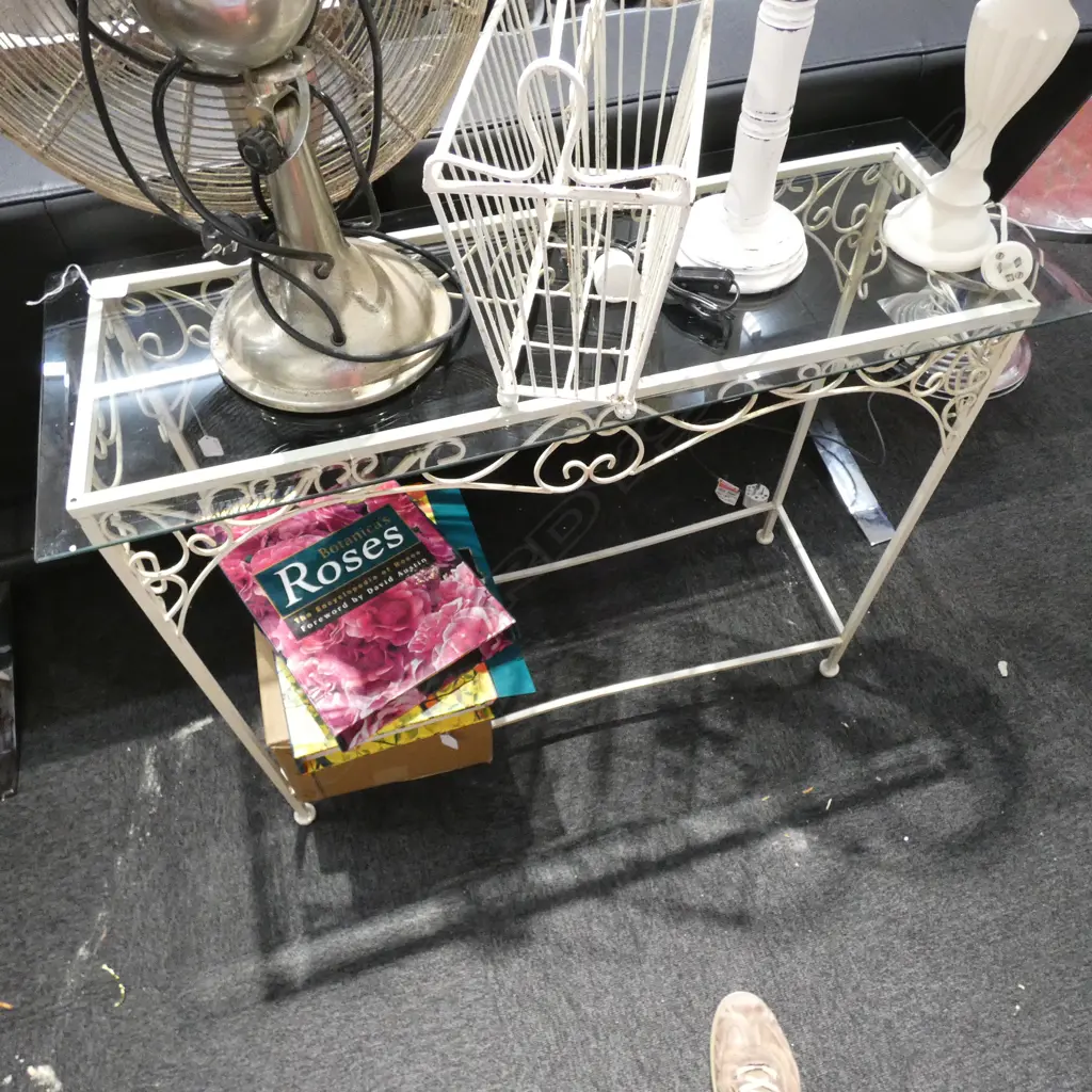 1950S WROUGHT IRON GLASS TOP HALL TABLE, 990 X 770 X 390MM Image 1++
