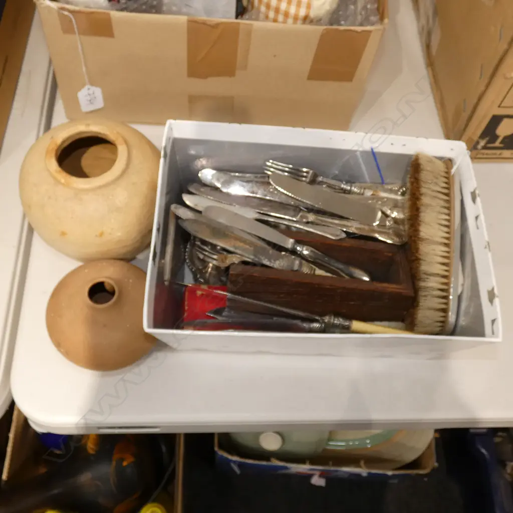 BOX LOT ASST. CUTLERY, HAND MADE UNGLAZED GINGER JARS ETC Image 1++