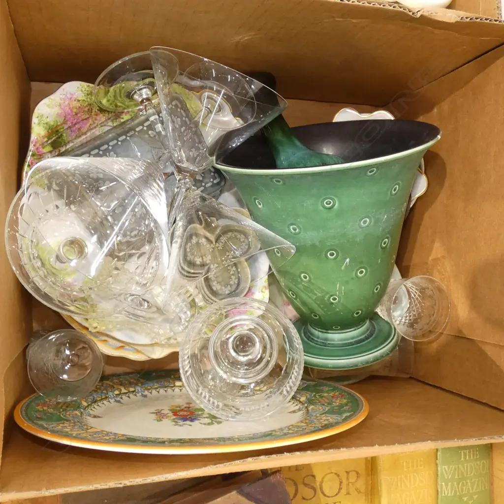 BOX LOT ASST CHINA INCL. DENMARK VASE, PLATES, IRISH PORCELAIN, GLASSES ETC Image 1++
